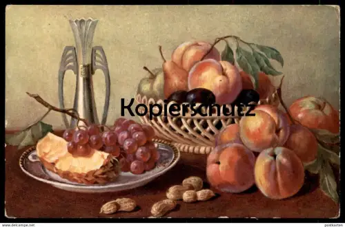 ALTE KÜNSTLER POSTKARTE STILLLEBEN ANANAS PFIRSICH TRAUBEN ERDNÜSSE peanuts cacahouète cpa AK Stilleben postcard