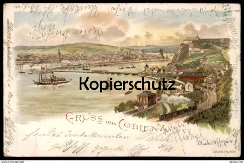 ALTE LITHO POSTKARTE GRUSS AUS COBLENZ 1899 ESTE FESTUNG Koblenz Eisenbahn Dampflok train cpa AK Ansichtskarte postcard