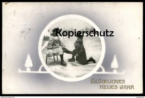 ALTE POSTKARTE GLÜCKLICHES NEUES JAHR SCHLITTSCHUH FAHREN KINDER ice figure skating Mädchen girls Ansichtskarte postcard