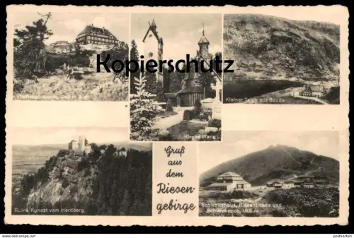 ALTE POSTKARTE GRUSS AUS DEM RIESENGEBIRGE SCHLESIERHAUS KIRCHE WANG KYNAST VOM HERDBERG REIFTRÄGERBAUDE postcard cpa