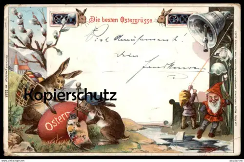 ALTE POSTKARTE BESTE OSTERGRÜSSE OSTERHASEN HASE MALER VERMENSCHLICHT ZWERGE Zwerg Ostern nains dwarfs easter postcard