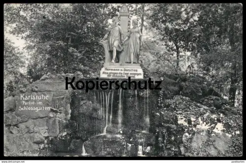 ALTE POSTKARTE KARLSRUHE PARTIE IM SCHLOSSGARTEN HERMANN UND DOROTHEA DENKMAL Goethe Ansichtskarte cpa AK postcard