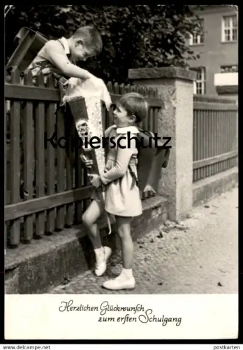 ÄLTERE POSTKARTE HERZLICHEN GLÜCKWUNSCH ZUM ERSTEN SCHULGANG Schultüte Einschulung DDR Briefmarke Vollblutmeeting Pferd