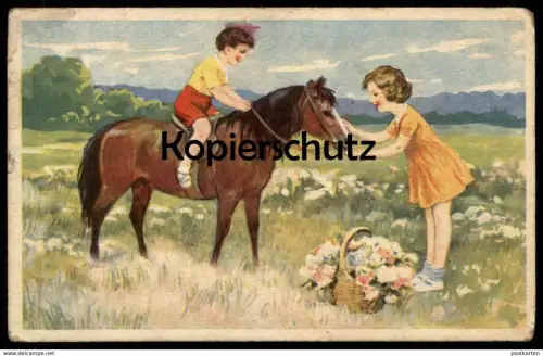 ALTE KÜNSTLER POSTKARTE KINDER MIT PFERD Blesse horse cheval children enfants cpa Ak Ansichtskarte postcard