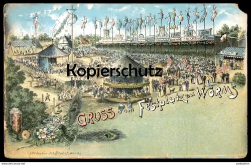 ALTE LITHO POSTKARTE GRUSS VOM FESTPLATZ ZU WORMS KARUSSELL CAFÉ KNECHT Kermis Kirmes Carousel ducasse fun fair postcard