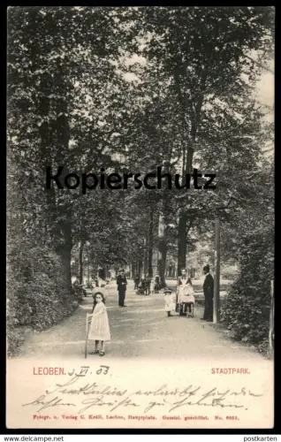 ALTE POSTKARTE LEOBEN STADTPARK 1903 MÄDCHEN SONNTAGSKLEID Kinderwagen Kind cpa Ansichtskarte postcard AK