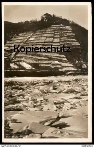 ALTE POSTKARTE SCHWEIZERHAUS DER ZUGEFRORENE RHEIN 1929 Trechtingshausen Bingen rhin gelée frozen rhine cpa AK postcard
