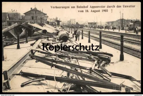 ALTE POSTKARTE VERHEERUNGEN AM BAHNHOF APPENWEIER DURCH DAS UNWETTER VOM 10. AUGUST 1905 DAMPFLOK station gare disaster