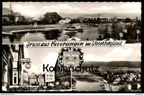 ÄLTERE POSTKARTE GRUSS AUS BEVERUNGEN IM WESERBERGLAND HOTEL ALTDEUTSCHES GASTHAUS DAB BIER Schiff Weser Ansichtskarte