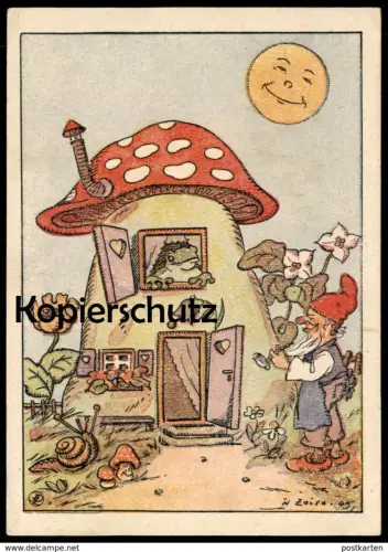 ALTE KÜNSTLER POSTKARTE ZWERG & FROSCH PILZ H. ZEISE 1945 vermenschlicht dwarf nain midget frog grenouille cpa postcard