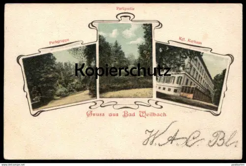 ALTE POSTKARTE GRUSS AUS BAD WEILBACH KURHAUS FLÖRSHEIM Stempel Initialen Familienwappen Blankenburg Ansichtskarte cpa