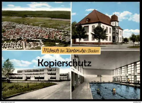 ÄLTERE POSTKARTE MÖRSCH BEI KARLSRUHE BADEN Rathaus Schwimmbad swimming pool piscine Schule postcard Ansichtskarte cpa