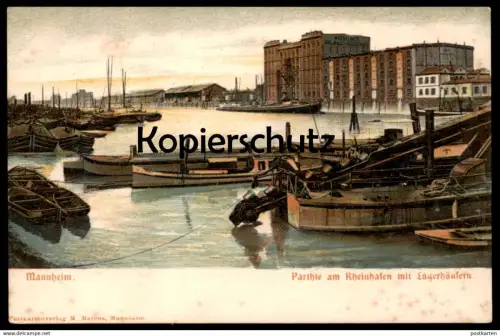 ALTE POSTKARTE MANNHEIM PARTHIE AM RHEINHAFEN MIT LAGERHÄUSERN Partie Schwimmbagger Frachtschiff cargo ship postcard cpa