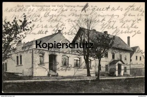 ALTE POSTKARTE GRUSS VOM SCHÜTZENHAUS MIT CAFÉ HERTWIG RUSSDORF LIMBACH OBERFROHNA Ansichtskarte postcard cpa