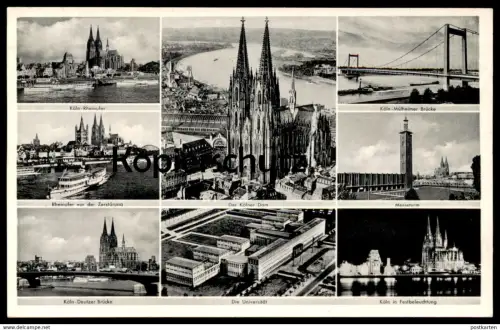 ALTE POSTKARTE KÖLN UNIVERSITÄT RHEINUFER DEUTZER BRÜCKE MÜLHEIMER MESSETURM FESTBELEUCHTUNG UNI Ansichtskarte postcard