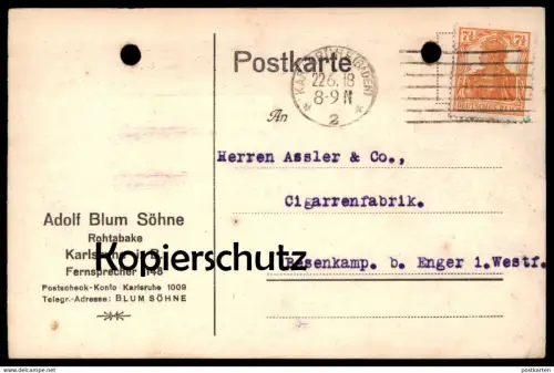 ALTE FIRMEN POSTKARTE KARLSRUHE FIRMA ADOLF BLUM ROHTABAKE NACH ASSLER BESENKAMP ENGER Tabak tobacco tabac cpa postcard