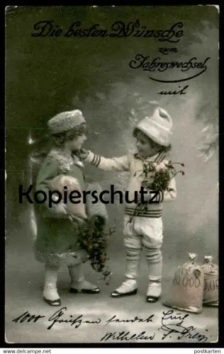 ALTE POSTKARTE DIE BESTEN WÜNSCHE ZUM JAHRESWECHSEL Geld money monnaie Kind child enfant Kinder boy girl enfants AK cpa