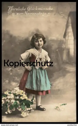 ALTE POSTKARTE HERZLICHE GLÜCKWÜNSCHE ZUM NAMENSTAGE HALSKETTE PERLEN MÄDCHEN KIND Namenstag child enfant girl postcard