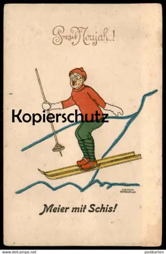 ALTE POSTKARTE PROSIT NEUJAHR MEIER MIT SCHIS SIGN. MARTIN GROWALD faire du ski skiing Angst fear peur AK Ansichtskarte