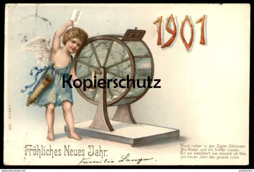 ALTE PRÄGE POSTKARTE NEUJAHR 1901 LOSTROMMEL LOTTERIE ENGEL AMOR GLITZERNDE PERLEN Glücksspiel Los Lose Ansichtskarte AK