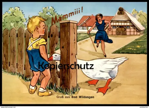 ÄLTERE POSTKARTE GRUSS AUS BAD WILDUNGEN GANS JUNGE KIND MAMMI goat Humor boy child humour cpa postcard AK Ansichtskarte