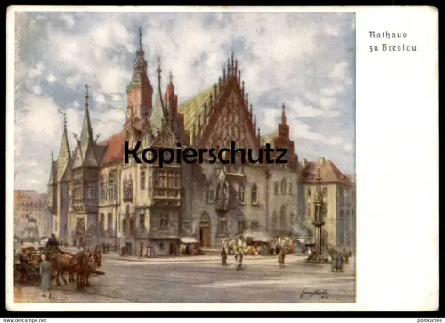 ALTE KÜNSTLER POSTKARTE RATHAUS ZU BRESLAU TURN- & SPORTFEST 1938 Aufkleber Sonderstempel Sign. Franz Huth Ansichtskarte