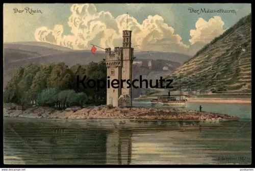ALTE LITHO POSTKARTE DER RHEIN DER MÄUSETHURM BINGEN KÜNSTLER J. SCHEINER 1902 Dampfer Mäuseturm postcard Ansichtskarte