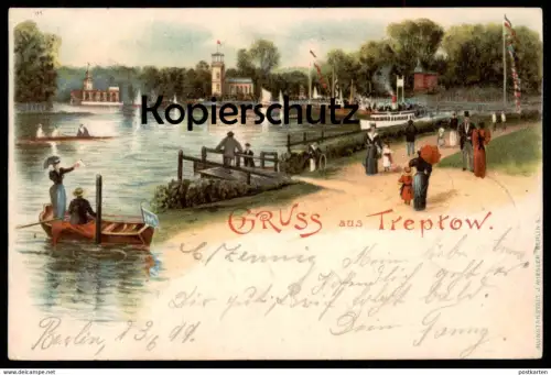ALTE LITHO POSTKARTE GRUSS AUS TREPTOW BERLIN PAAR IM BOOT 1899 cpa postcard AK Ansichtskarte