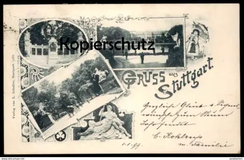 ALTE JUGENDSTIL POSTKARTE GRUSS AUS STUTTGART HAHNEL 1898 Schirm umbrella parapluie Pferde horses Ansichtskarte postcard