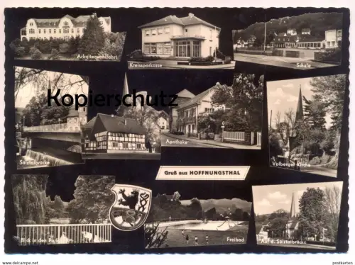 ÄLTERE POSTKARTE GRUSS AUS HOFFNUNGSTHAL APOTHEKE KREISSPARKASSE FREIBAD VOLBERGER KIRCHE AWO SÜLZTALBRÜCKE Rösrath AK