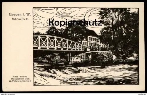 ALTE POSTKARTE GREVEN IN WESTFALEN SCHÖNEFLIETH HOLZSCHNITT W. PALMES LINOL Ansichtskarte cpa AK postcard
