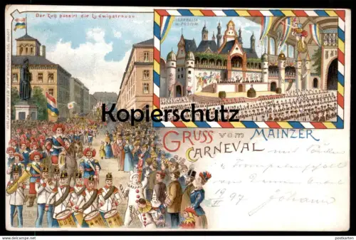 ALTE LITHO POSTKARTE GRUSS VOM MAINZER CARNEVAL 1897 ZUG KARNEVAL MAINZ carnival carnaval cpa AK Ansichtskarte postcard