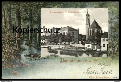 ALTE LITHO POSTKARTE BRANDENBURG AN DER HAVEL REALGYMNASIUM ST. JOHANNISKIRCHE Schule AK postcard Ansichtskarte cpa