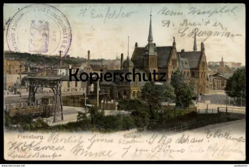 ALTE POSTKARTE FLENSBURG BAHNHOF Stempel Grosslogenfest Freimaurer Guttempler gare station cpa AK Ansichtskarte postcard