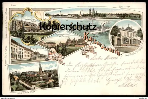 ALTE LITHO POSTKARTE GRUSS AUS KAISERSWERTH KAISERPFALZ RUINE GESCHÄFTSHAUS APEL Düsseldorf postcard Ansichtskarte cpa