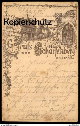 ALTE VORLÄUFER LITHO POSTKARTE GRUSS AUS BURG SCHARFENBERG AN DER ELBE 1893 F. Backhaus Heinrich I. postcard cpa AK