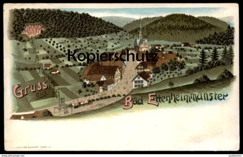 ALTE LITHO POSTKARTE GRUSS AUS BAD ETTENHEIMMÜNSTER ETTENHEIM Bahn Zug Train cpa AK postcard Ansichtskarte
