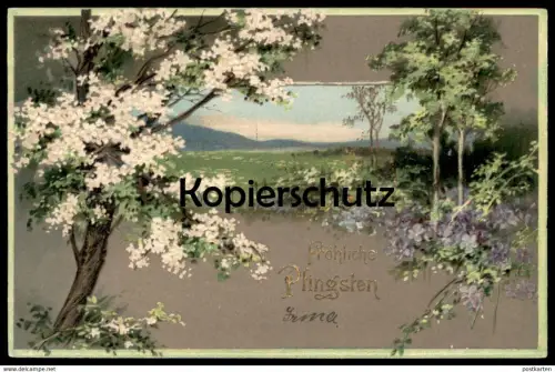 ALTE PRÄGE POSTKARTE FRÖHLICHE PFINGSTEN BLÜHENDER BAUM embossed gauffrée cpa AK postcard Ansichtskarte