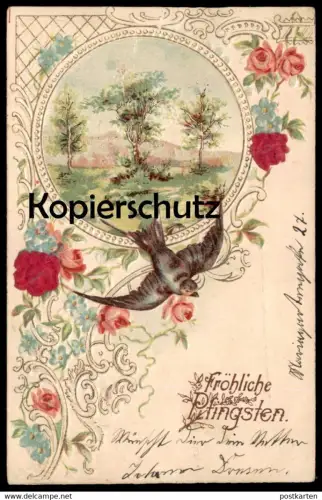 ALTE PRÄGE POSTKARTE FRÖHLICHE PFINGSTEN embossed gauffrée Schwalbe bird cpa AK postcard Ansichtskarte