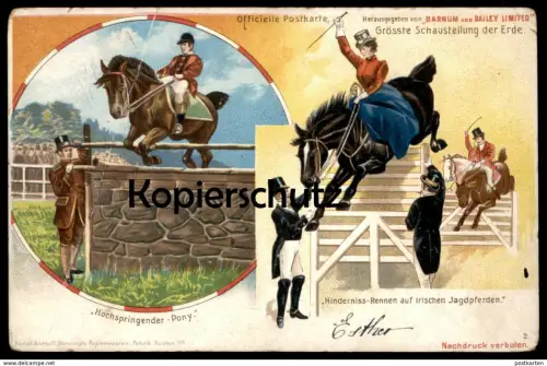 ALTE LITHO POSTKARTE BARNUM AND BAILEY ZIRKUS SCHAUSTELLUNG horse jumping pony cirque circus dresseur cpa Ansichtskarte