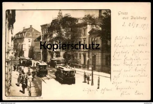 ALTE POSTKARTE GRUSS AUS DUISBURG 1899 STRASSENBAHN MÖBELFABRIK G. HÜBNER & SÖHNE tram tramway Ansichtskarte postcard
