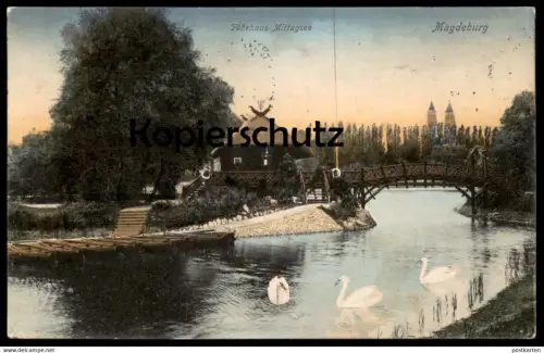 ALTE POSTKARTE FÄHRHAUS MITTAGSEE MAGDEBURG SCHWÄNE SCHWAN STEMPEL VERBANDSTAG DEUTSCHER HÄNDLER Ansichtskarte postcard