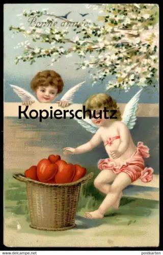 ALTE POSTKARTE ENGEL ANGEL ANGE AMOR BONNE ANNÉE KORB MIT HERZEN HERZ NEUJAHR angels cpa Ansichtskarte postcard AK