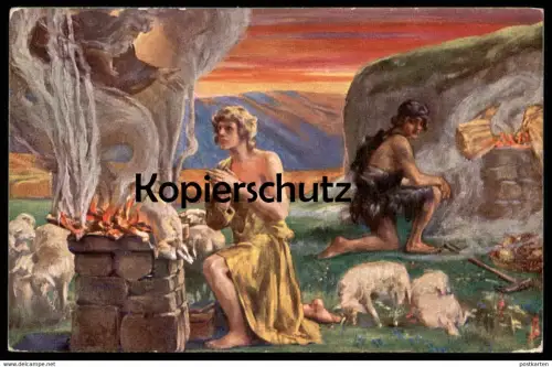 ALTE KÜNSTLER POSTKARTE KAIN UND ABEL SCHAFE FEUER FELD BRUDER BIBEL BIBLISCHE BILDER ALTES TESTAMENT AK cpa postcard