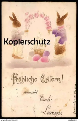 ALTE PRÄGE POSTKARTE FRÖHLICHE OSTERN HASEN VERMENSCHLICHT EI Hase rabbit bunny easter embossed gaufree AK cpa postcard