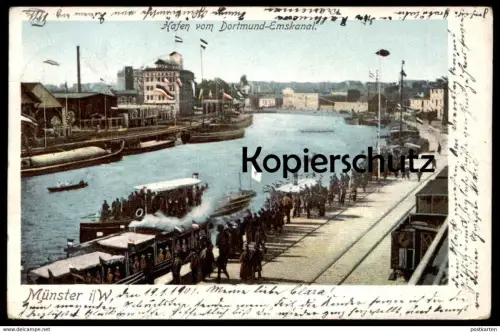 ALTE POSTKARTE MÜNSTER I. W. HAFEN VOM DORTMUND-EMSKANAL ZUG FRACHTSCHIFF cargo ship train Ansichtskarte postcard cpa AK