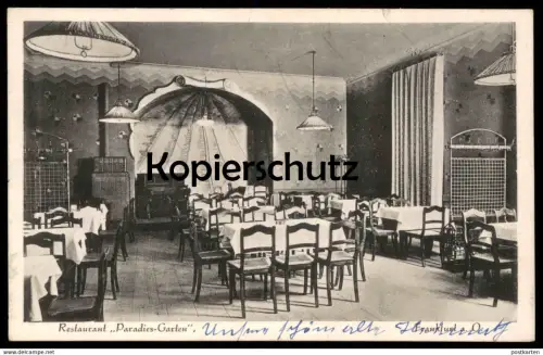 ALTE POSTKARTE FRANKFURT AN DER ODER RESTAURANT PARADIES-GARTEN MAX KEILING WEIN-SCHICKERT MUSCHEL shell coquille cpa