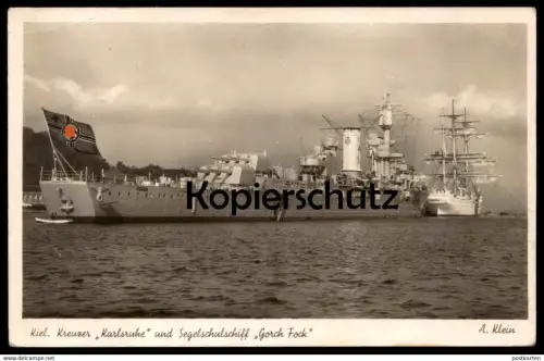 ALTE POSTKARTE KIEL KREUZER KARLSRUHE UND SEGELSCHULSCHIFF GORCH FOCK 1940 Kriegsschiff warship war vessel bateau guerre