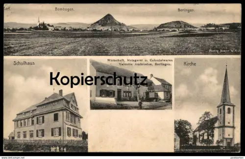 ALTE POSTKARTE DORF BOMBOGEN BERLINGEN SCHULHAUS KIRCHE WIRTSCHAFT METZGEREI & COLONIALWAREN VALENTIN AMBROSIUS WITTLICH