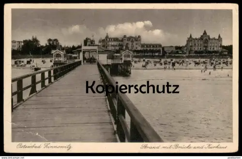 ALTE POSTKARTE OSTSEEBAD ZINNOWITZ 1932 STRAND MIT BRÜCKE UND KURHAUS USEDOM cpa postcard AK Ansichtskarte